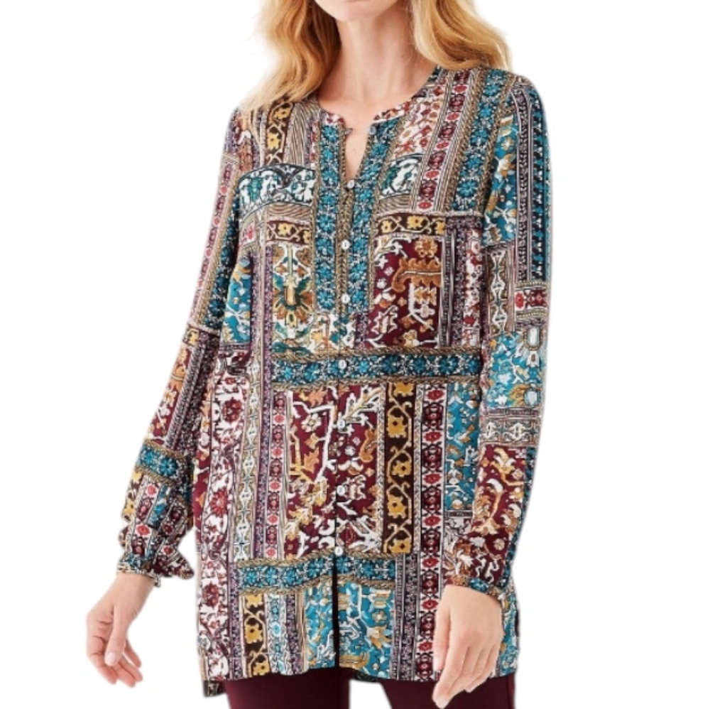 J. Jill Patchwork Print Tunic Blouse Lagenlook Cottage